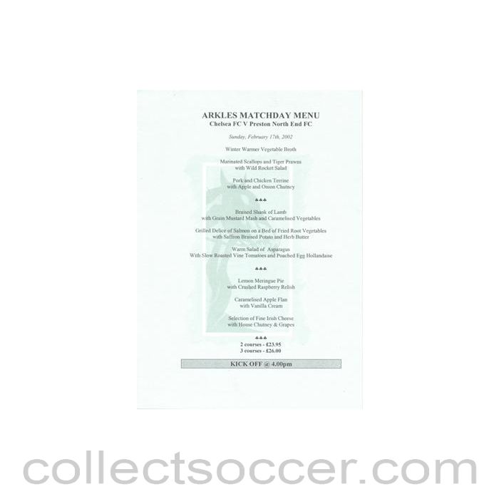 2002 - Chelsea v Preston North End Arkles menu 17/02/2002