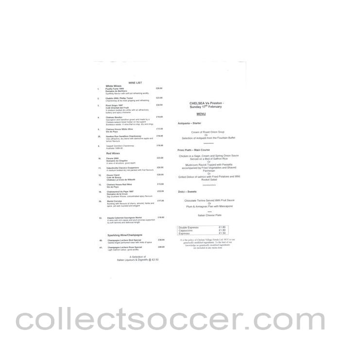 2002 - Chelsea v Preston North End menu 17/02/2002