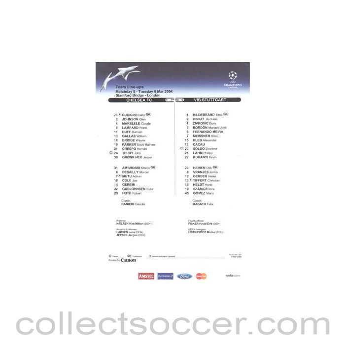 2004 - Chelsea v Stuttgart official colour teamsheet 09/03/2004 Champions League