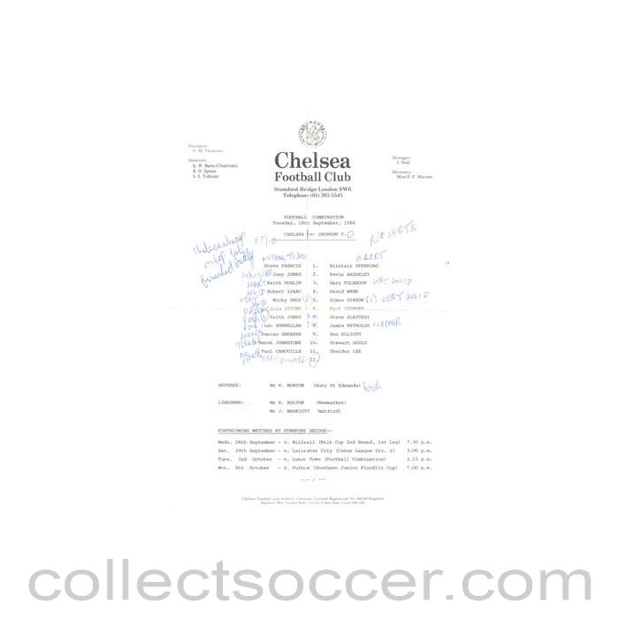 1984 - Chelsea v Swindon Town Reserves official teamsheet 18/09/1984 Football Combination
