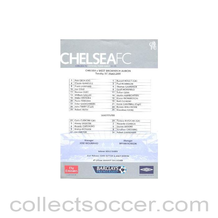 2005 - Chelsea v West Bromwich Albion official teamsheet 15/03/2005