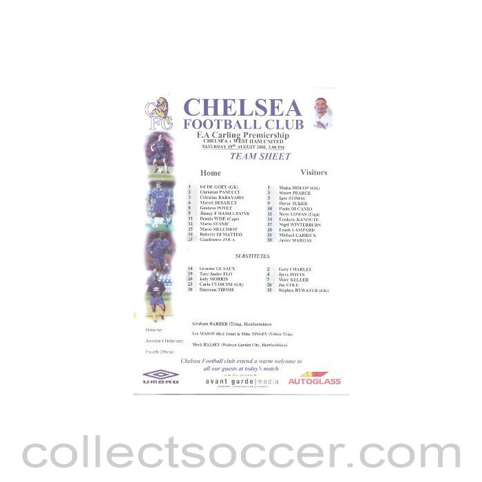 2000 - Chelsea v West Ham United official colour teamsheet 19/08/2000 F.A .Carling Ptremiership