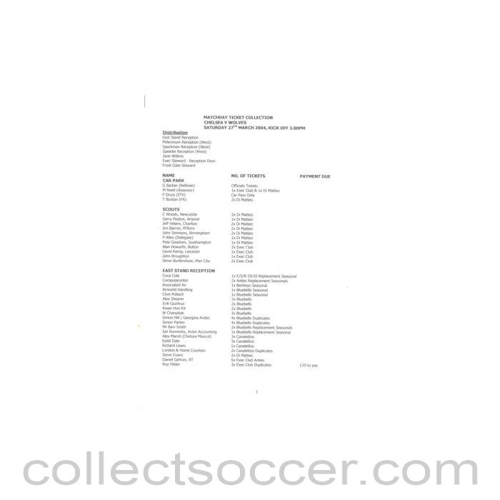 2004 - Chelsea v Wolverhampton Wanderers 27/03/2004 Premier League Matchday Ticket Collection