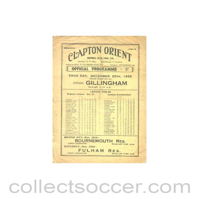 1935 - Clapton Orient v Gillingham official programme 25/12/1935