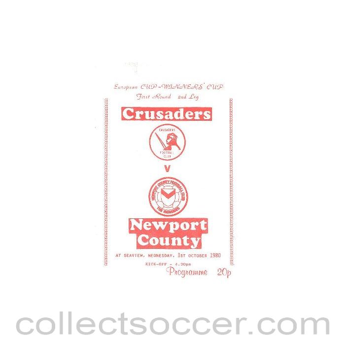 1980 - Crusaders v Newport County official programme 01/10/1980 European Cup Winners Cup