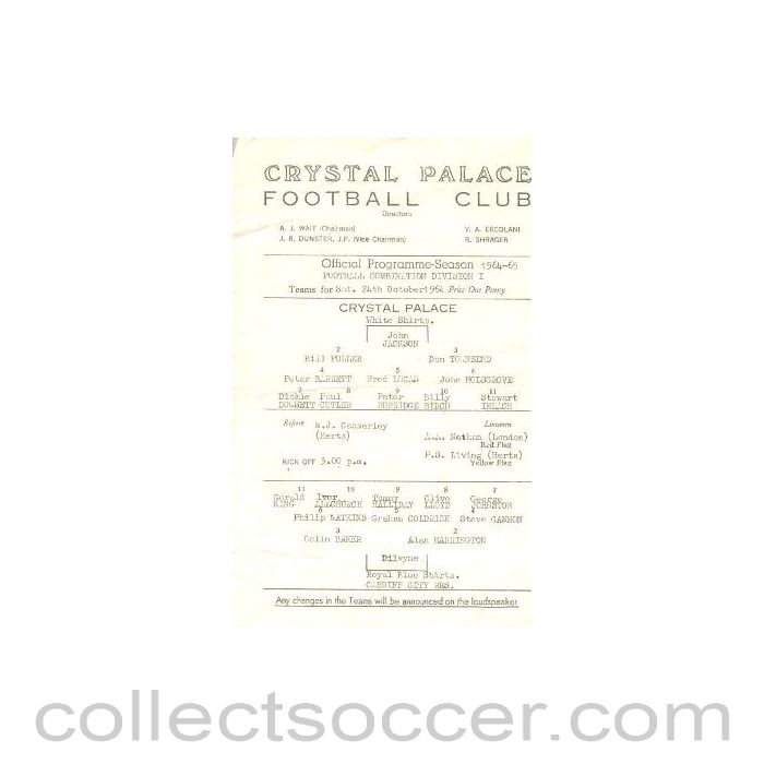 1964 - Crystal Palace v Cardiff City Reserves official programme 24/10/1964
