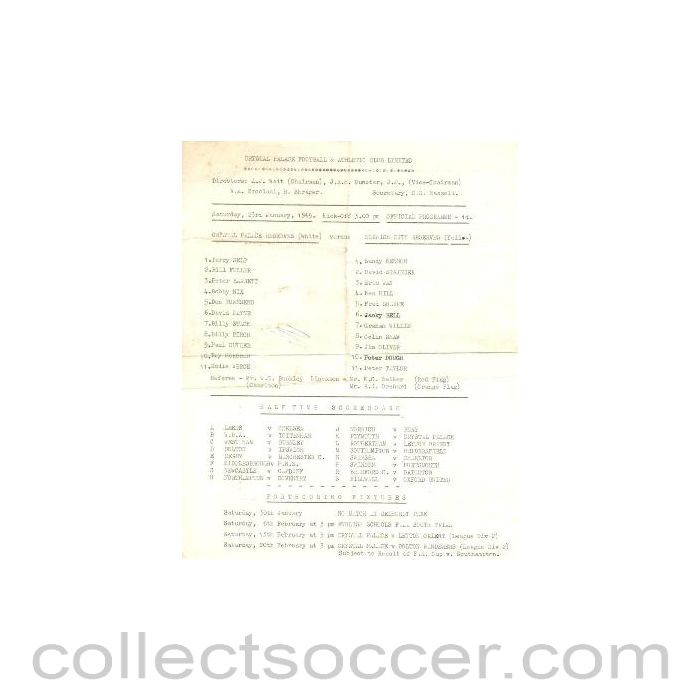 1965 - Crystal Palace v Norwich City official teamsheet 23/01/1965