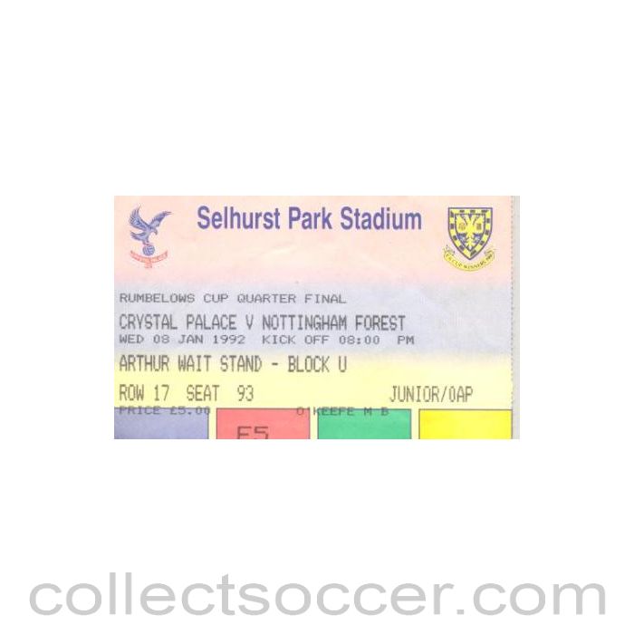 1992 - Crystal Palace v Nottingham Forest ticket 08/01/1992