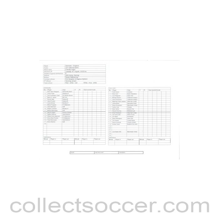 2005 - Denmark v England official teamsheet 16/08/2005 U21 Friendly Match