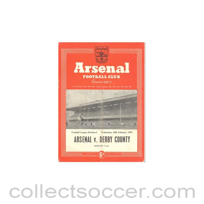 1953 - Arsenal v Derby County official programme 18/02/1953