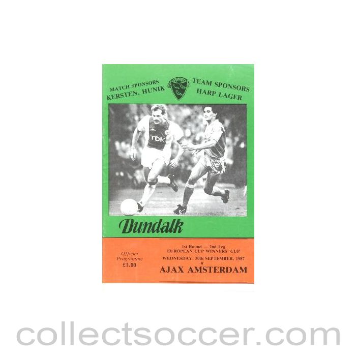 1987 - Dundalk v Ajax European Cup Winners Cup First Round Second Leg official programme 30/09/1987