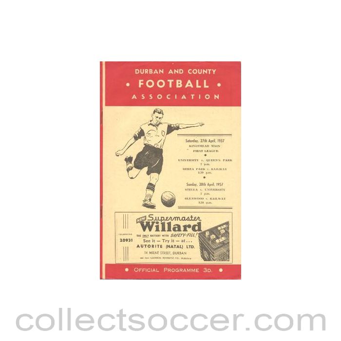 1957 Durban And County Football Association, South Africa official programme 27/04/1957