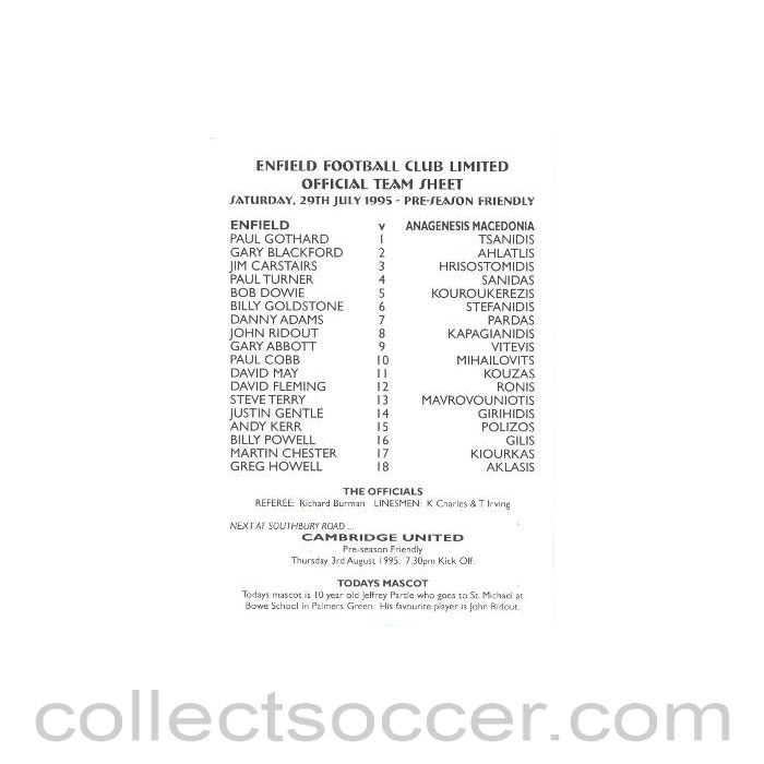 1995 - Enfield v Anagenesis Macedonia official programme 29/07/1995 Pre-Season Friendly