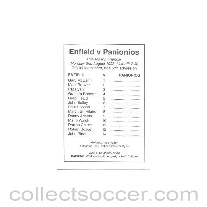 1993 - Enfield v Panionios official programme 02/08/1993 Pre-Season Friendly
