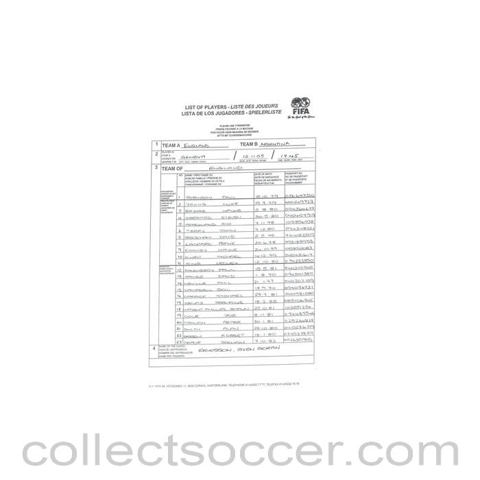2005 - England v Argentina - England Team official handwritten teamsheet 12/11/2005