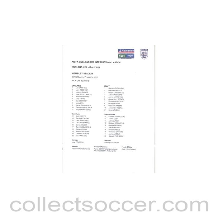 2007 - England U21 v Italy U21 Teamsheet 24/03/2007, first match on Wembley Stadium