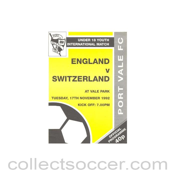 1992 England v Switzerland official programme 17/11/1992 U18