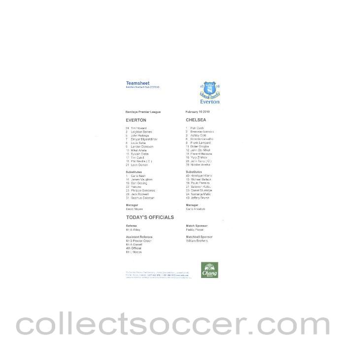 2010 - Everton v Chelsea 10/02/2010 teamsheet