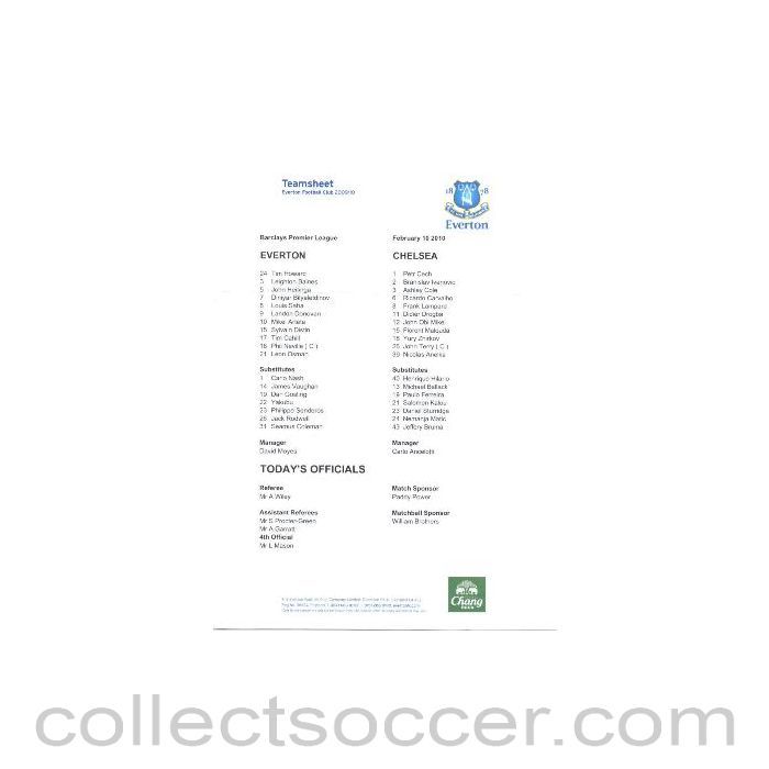 2010 - Everton v Chelsea teamsheet 10/02/2010 Premier League