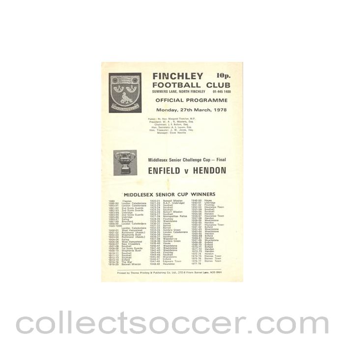 1978 - At Finchley - Enfield v Hendon official programme 27/03/1978 Middlesex Senior Challenge Cup Final