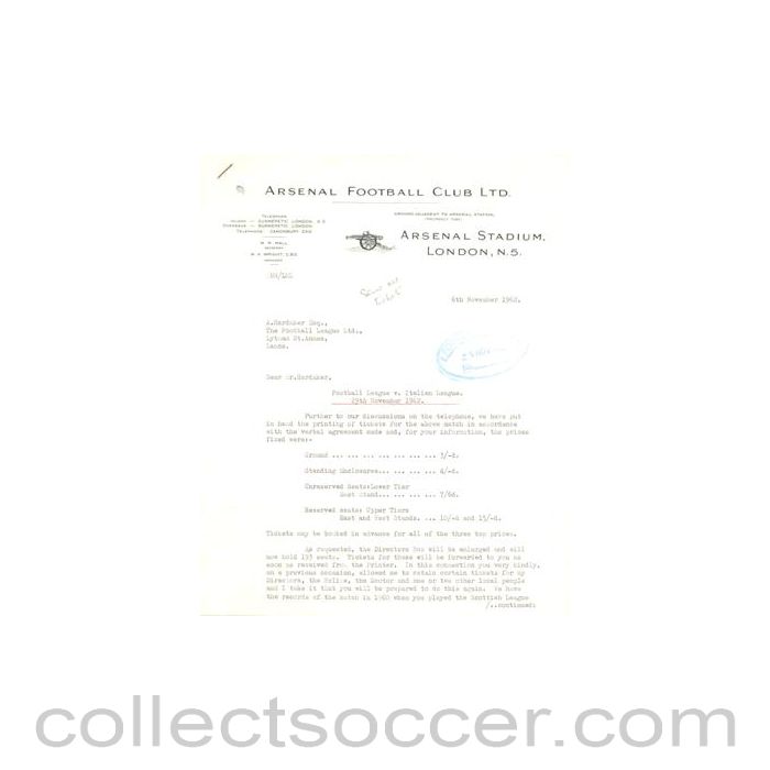 1962 - Letter from Arsenal Stadium, originally signed by the Secretary, of 06/11/1962 to Alan Hardaker of The Football League