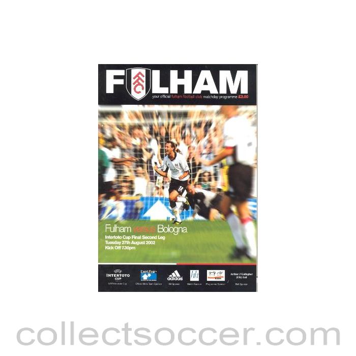 2002 - Fulham v Bologna official programme 27/08/2002 Intertoto Cup Final Second Leg