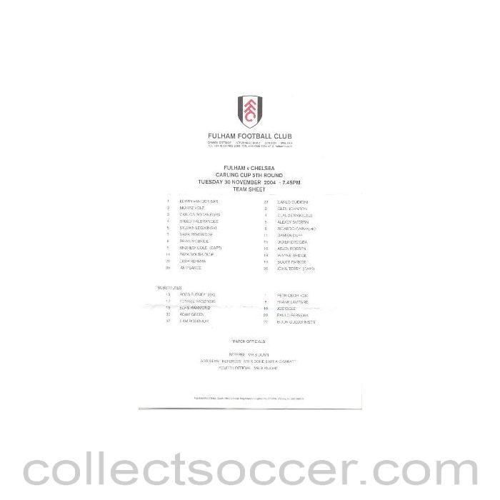 2004 - Fulham v Chelsea official colour teamsheet 30/11/2004