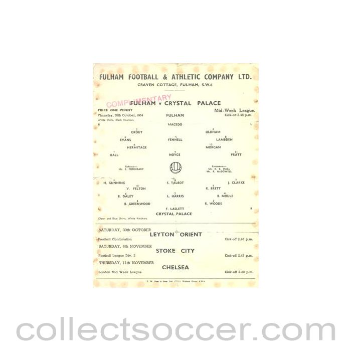 1954 - Fulham v Crystal Palace official programme 28/10/1954 Reserves