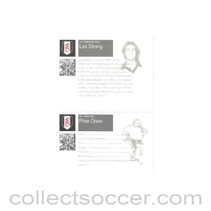 Fulham - Les Strong flyer with biograpgy and a Prize Draw Form