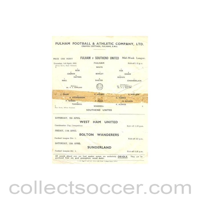 1952 - Fulham v Southend United official programme 03/04/1952 Reserves, reduced price