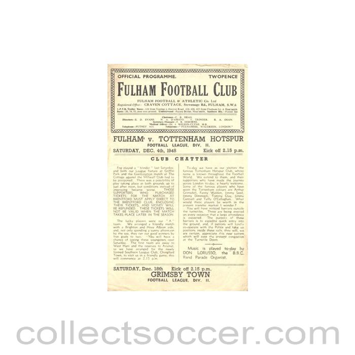 1948 - Fulham v Tottenham Hotspur official programme 04/12/1948 Football League