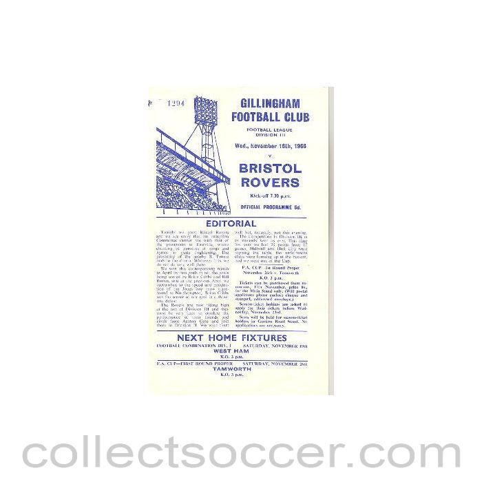 1966 - Gillingham v Bristol Rovers official programme 16/11/1966