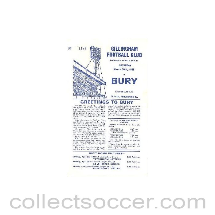 1968 - Gillingham v Bury official programme 30/03/1968