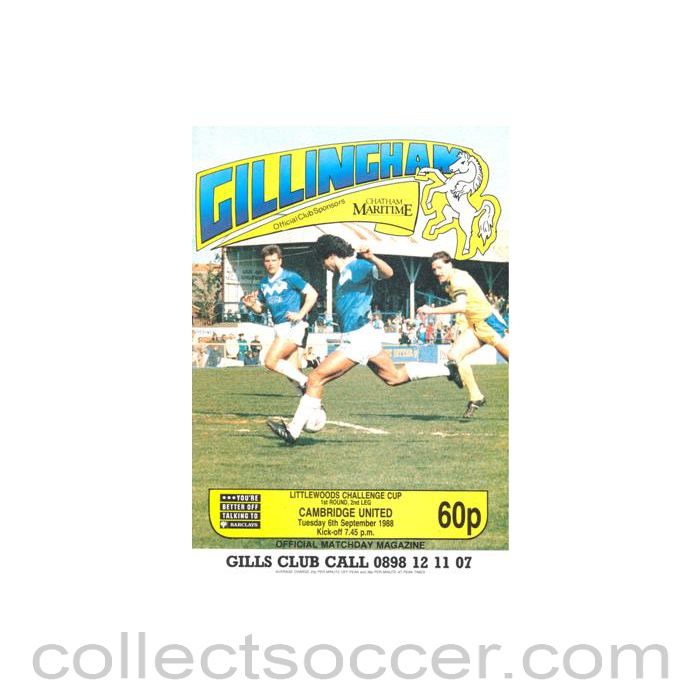 1988 - Gillingham v Cambridge United official programme 06/09/1988 Littlewoods Cup