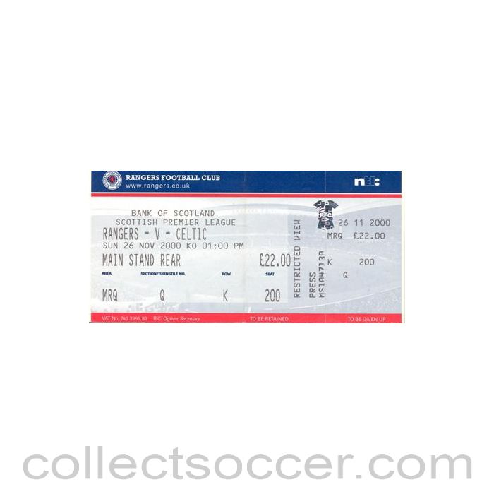 2000 - Glasgow Rangers v Celtic ticket 26/11/2000 Scottish Premier League