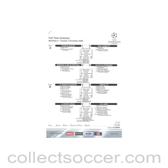 2000 - Glasgow Rangers v Monaco Full Time Summary 07/11/2000 Champions League