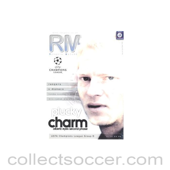 2000 - Glasgow Rangers V Monaco official programme 07/11/2000 Champions League