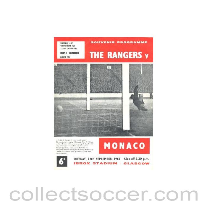 1961 - Glasgow Rangers v Monaco official programme 12/09/1961