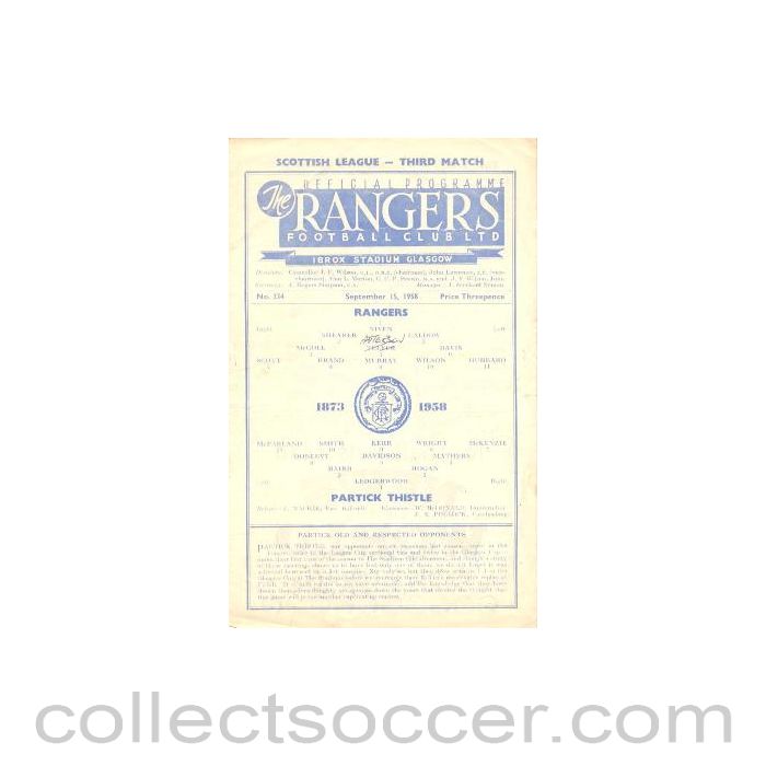 1958 - Glasgow Rangers v Patrick Thistle official programme 15/09/1958