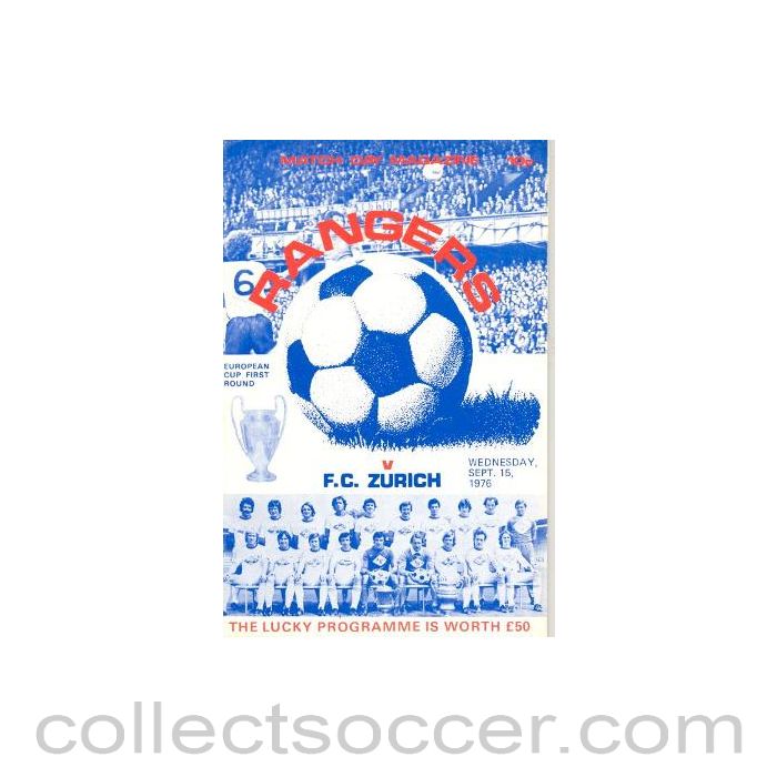 1976 - Glasgow Rangers v Zurich official programme 15/09/1976 European Cup
