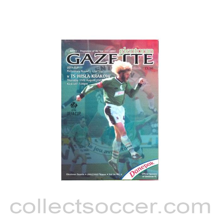2002 - Glentoran v Wisla Krakow Poland official programme 15/08/2002 UEFA Cup