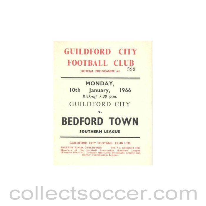 1966 - Guildford City v Bedford Town official programme 10/01/1966