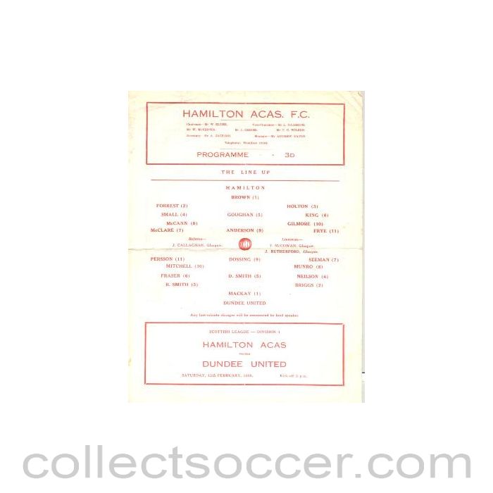 1966 - Hamilton Academical (Accies) v Dundee United official programme 12/02/1966 Scottish League