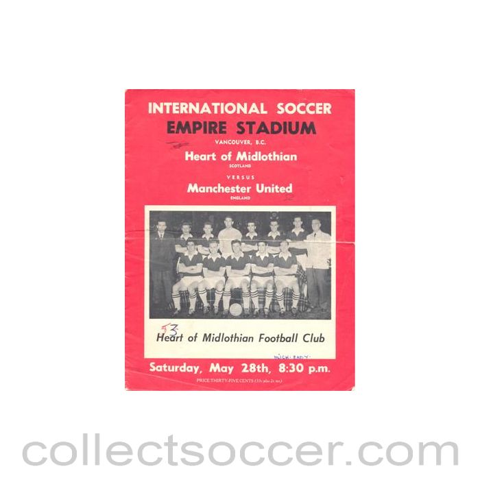 1961 - In Vancouver Canada - Heart of Midlothian v Manchester United official programme 28/05/1961