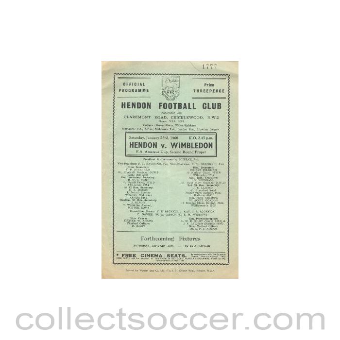 1960 - Hendon v Wimbledon official programme 23/01/1960