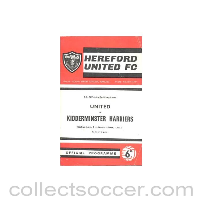 1970 - Hereford United v Kidderminster Harriers official programme 07/11/1970 F.A. Cup