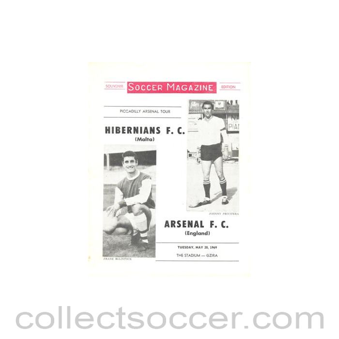1969 - Hibernians Malta v Arsenal official programme 20/05/1969