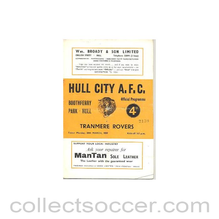 1959 - Hull City v Tranmere Rovers official programme 30/03/1959