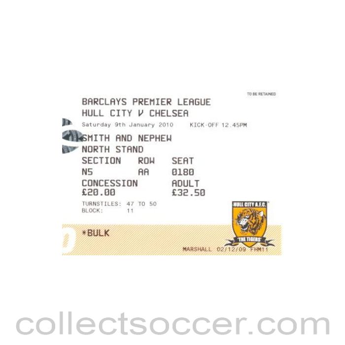 2010 - Hull City v Chelsea ticket 09/01/2010