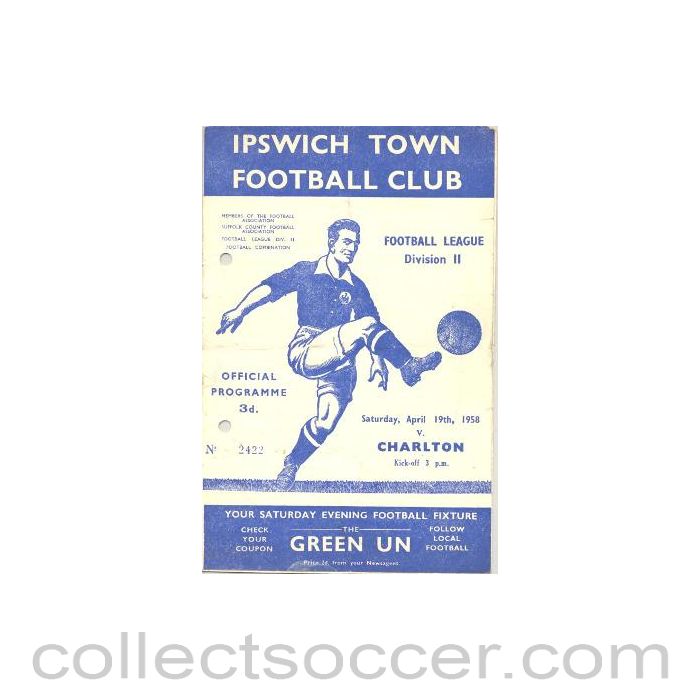 1958 - Ipswich Town v Charlton Athletic official programme 19/04/1958 Football League